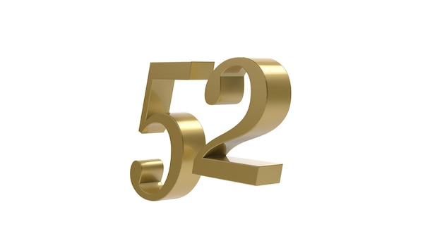 52 gold number digit metal 3d render illustration