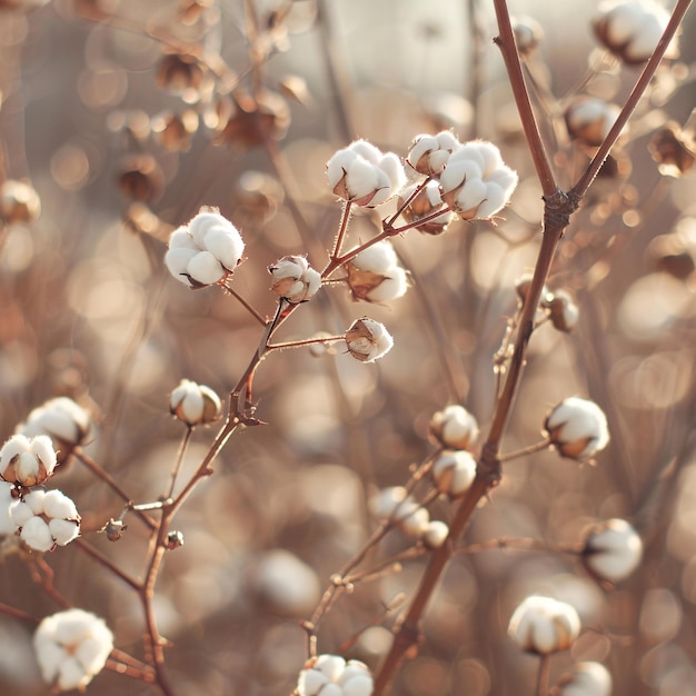 5Closeup of cotton plants in an agricultural field fluffy white cotton bolls brown stems and branches soft focus background in muted earth tones natural textures macro photography with shallow