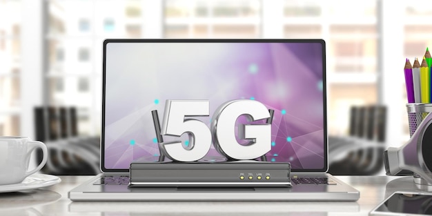 5G High speed network connection wifi router on computer laptop blur business office background 3d illustration