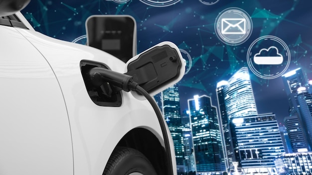 5G Network digital hologram and internet signs pops up on the night city background Progressive electric vehicle connected to charging station with cable plug for environmental preservation concept