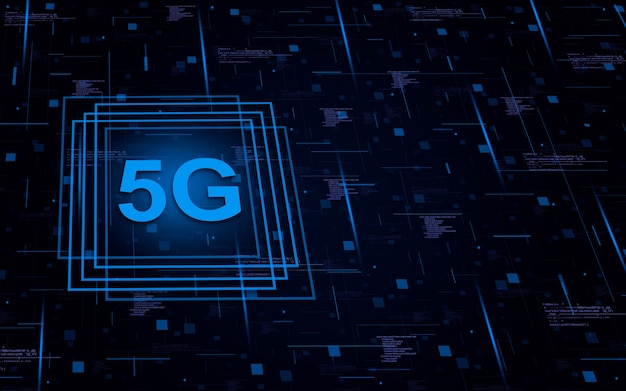 5g on technological background with code elements and lights lines