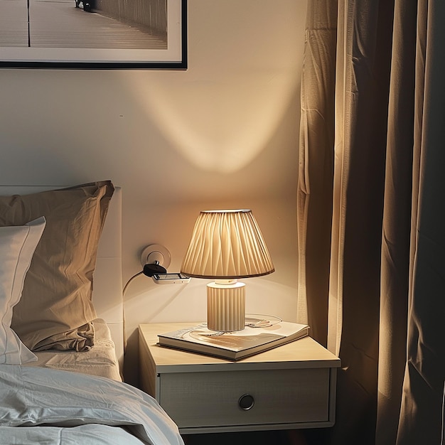 Photo 5h bedroom with a small table lamp with light on the table light status bedroom at night camera o