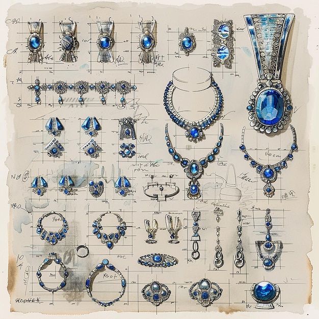 5h drawing of a beautiful jewelry collection in the style of preworld war ii school of paris silv