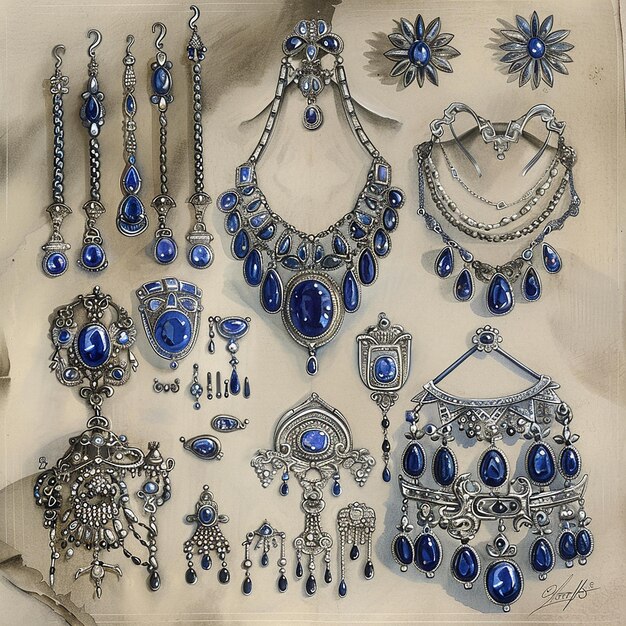 5h drawing of a beautiful jewelry collection in the style of preworld war ii school of paris silv