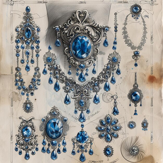 5h drawing of a beautiful jewelry collection in the style of preworld war ii school of paris silv