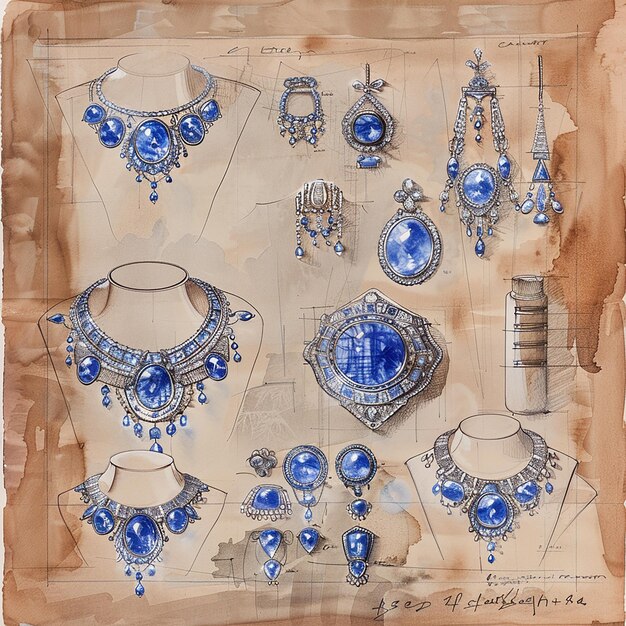 Photo 5h drawing of a beautiful jewelry collection in the style of preworld war ii school of paris silv