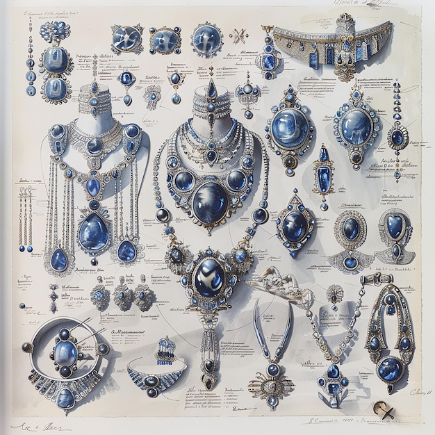 5h drawing of a beautiful jewelry collection in the style of preworld war ii school of paris silv