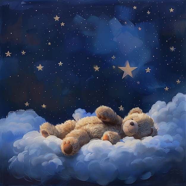 Photo 5h a serene scene unfolds as a teddy bear sleeps peacefully sleeps upon a fluffy cloud under the bla