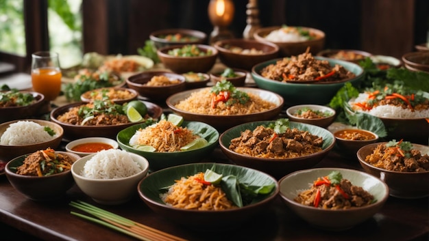 6 dishs of thai food in the table see on top of table