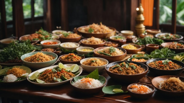 6 dishs of thai food in the table see on top of table