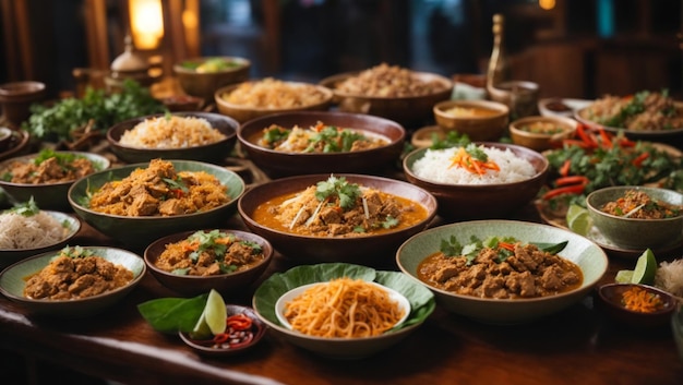 6 dishs of thai food in the table see on top of table