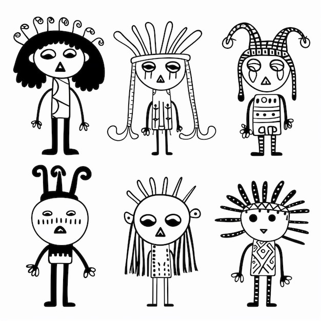 A 6 evil different childrens dolls if hand drawn by combining white background