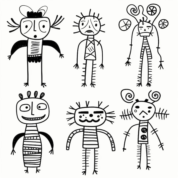 A 6 evil different childrens dolls if hand drawn by combining white background