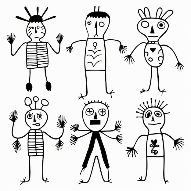 A 6 evil different childrens dolls if hand drawn by combining white background