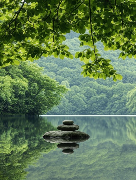 Photo 6 a meditative image of a serene lake with a calm reflection surrounded by lush greenery and a tranquil atmosphere