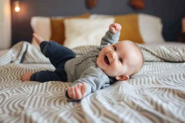 Photo a 6 month old baby boy smiling laying on a bed