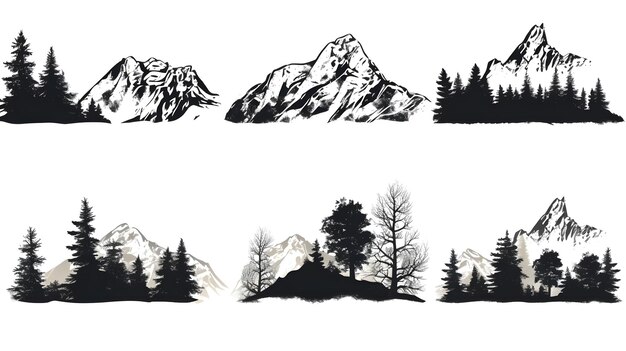 6 set of mountains Black and White with trees and plants white background