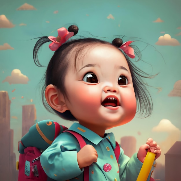 6 a smiling Asian baby girl and carrying a school bag 3d rendered text says School start