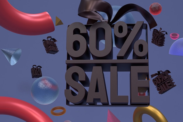 60% sale with bow and ribbon 3d design on abstract geometry background