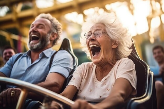 60 year old women and man speeding down a roller coaster created with Generative Al technology