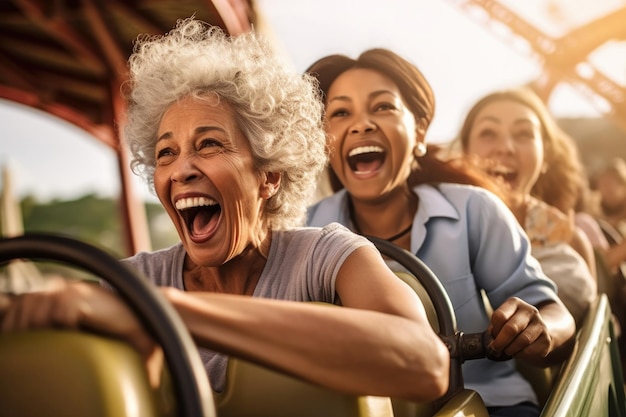 60 year old women speeding down a roller coaster created with Generative Al technology