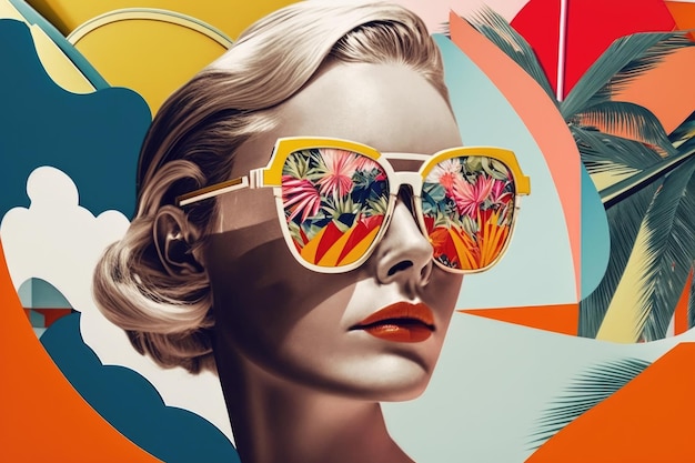 60s fashion blonde woman wearing trendy sunglasses Summer collage Generative AI