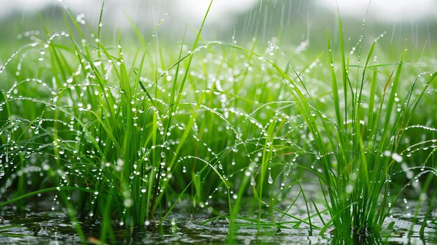 Photo 61 closeup shot of rain droplets delicately falling on lush green rice paddies creating gentle ripples in the waterfilled gaps between the plants capturing the serene essence of a rural rainfall