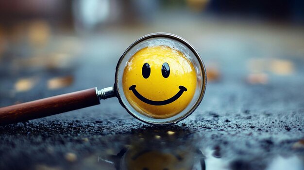 Photo 63 a smiley face icon revealed under a magnifying glass emphasizing the focus on finding happiness and customer satisfaction in service evaluations and marketing surveys