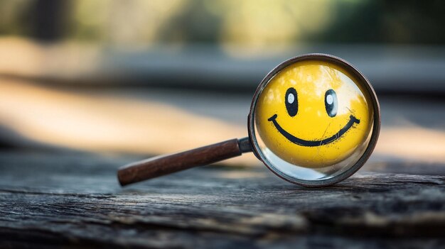 Photo 63 a smiley face icon revealed under a magnifying glass emphasizing the focus on finding happiness and customer satisfaction in service evaluations and marketing surveys