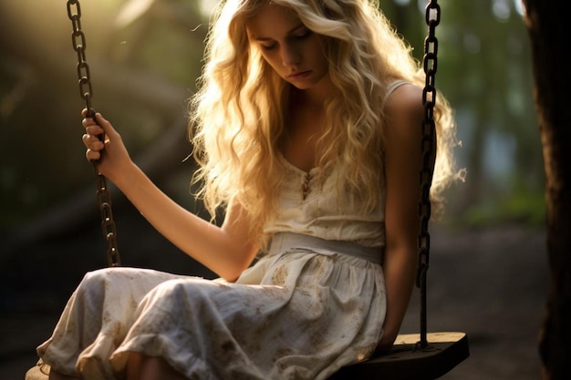 6306 A woman sitting on a park swing looking at Sad Woman Photos1024jpg