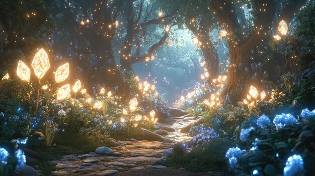 Photo 66 a whimsical fairy tale forest where a hidden glen is filled with glowing crystals casting a soft light on the surrounding trees and plants