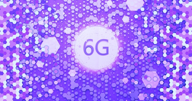 6G 3d rendering wireless network and big data concept on hexagon glowing violet background