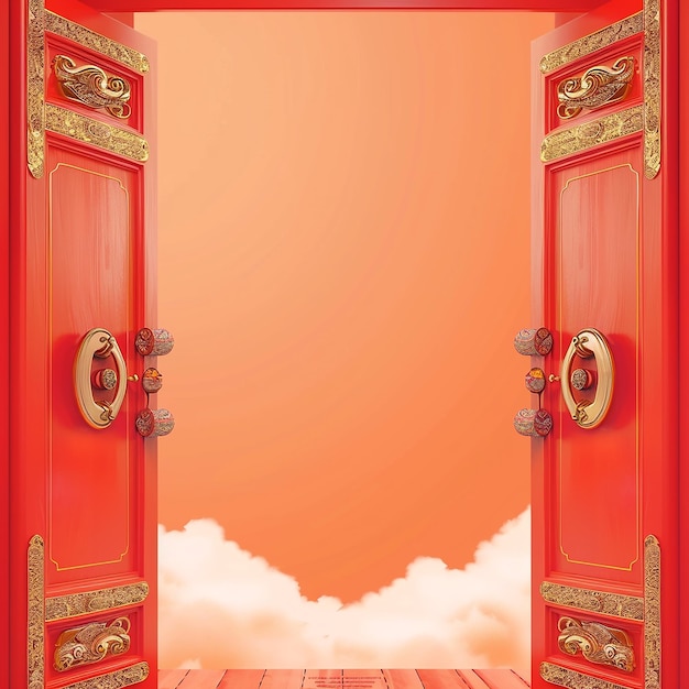 6h Chinese New Year poster background red door open golden ring decoration on the left and right s