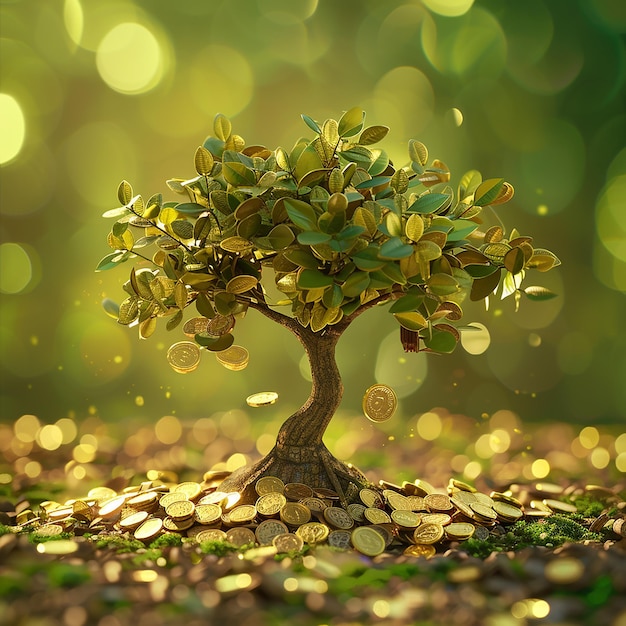 6h Image of a money tree with gold coins on a background of green and gold blurred shades feng shui