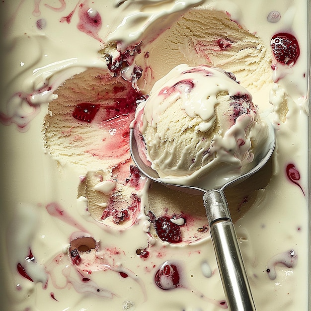 Photo 6h the image shows a closeup view of a container of ice cream with one scoop of ice cream being li