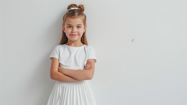 Photo 6yearold girl smiling against a white studio background