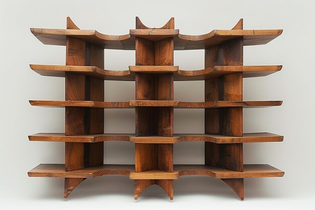 Photo 7 horizontal shelves of equal length arranged creatively