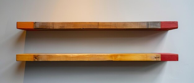 Photo 7 horizontal shelves of equal length arranged creatively