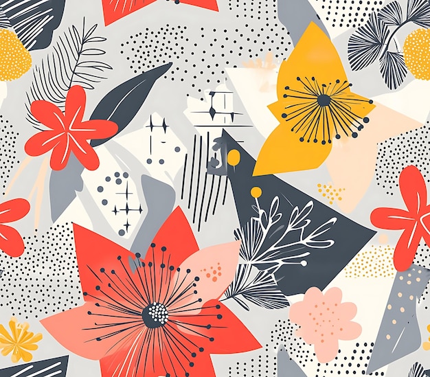 Photo 7 modern floral pattern featuring geometric shapes and stylized flowers in contrasting bright