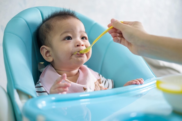 A 7 month old baby is sitting and feeding with his mother feeding him