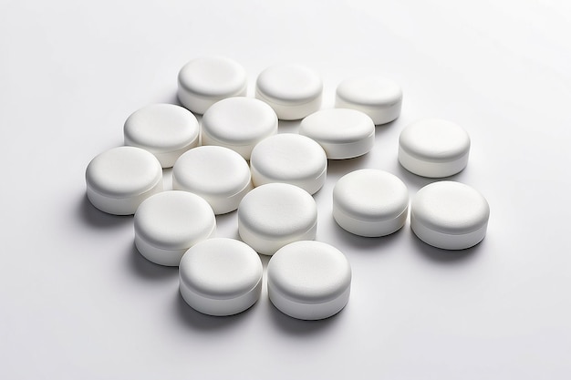 7 white round tablets pill isolated on white background with beautiful and unique