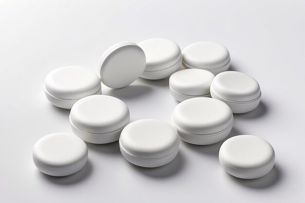 7 white round tablets pill isolated on white background with beautiful and unique