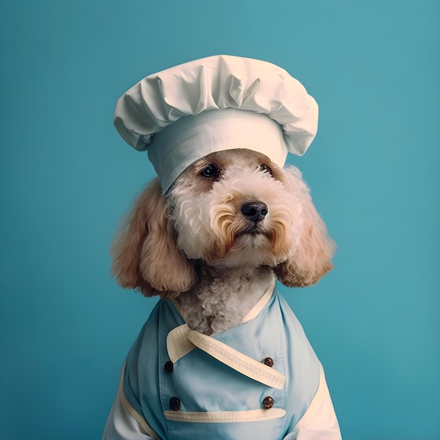 70s style dog dressed in a chef's outfit