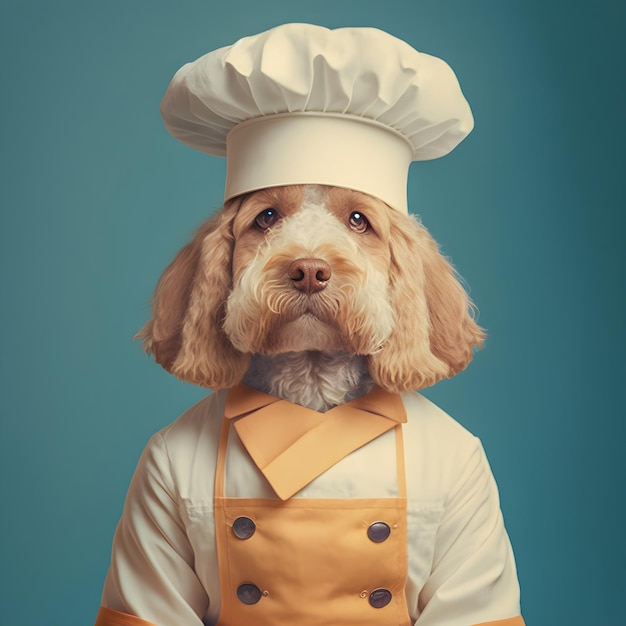 70s style dog dressed in a chef's outfit