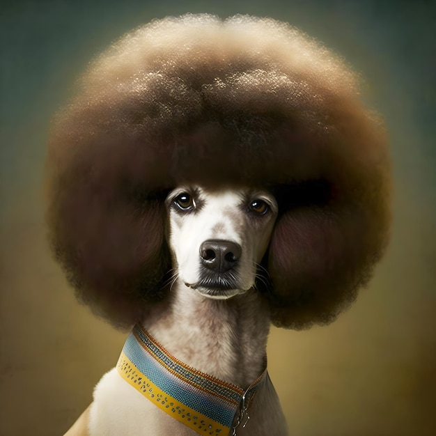 70s style dog portrait with huge afro