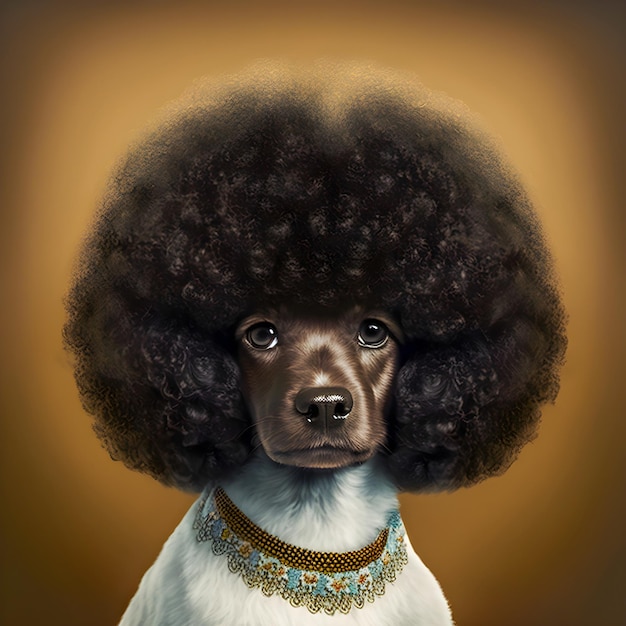 70s style dog portrait with huge afro