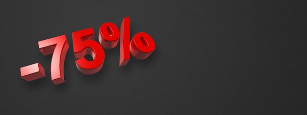 75 off discount offer 3D illustration isolated on black Horizontal banner