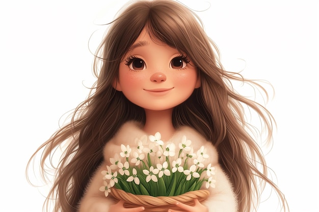 78 year old girl in a white dress holds a basket of snowdrops Cartoon style White background