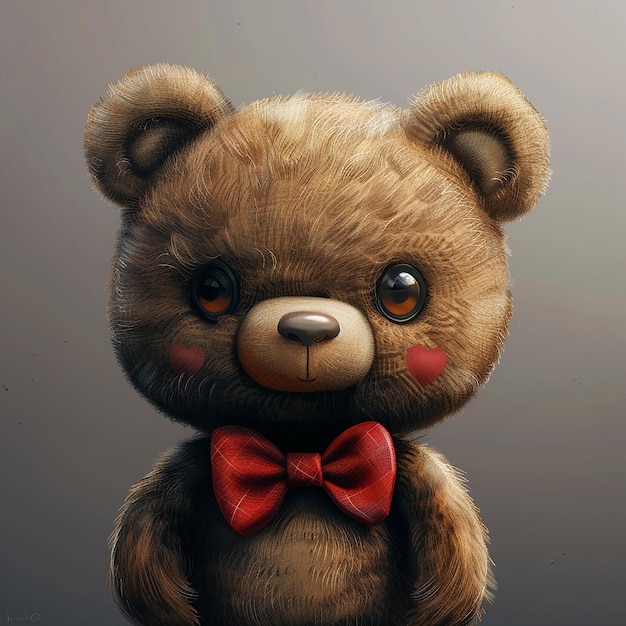 Photo 7h a cute little bear with brown fur a round body wearing a red bow tie clean background ultra h