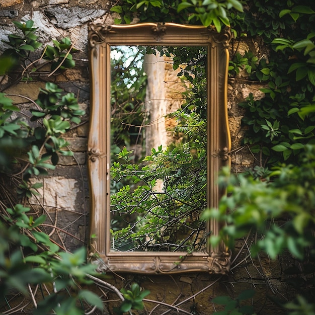 Photo 7h outdoor garden reflection in a weathered mirror natural greenery rustic setting tranquil no h